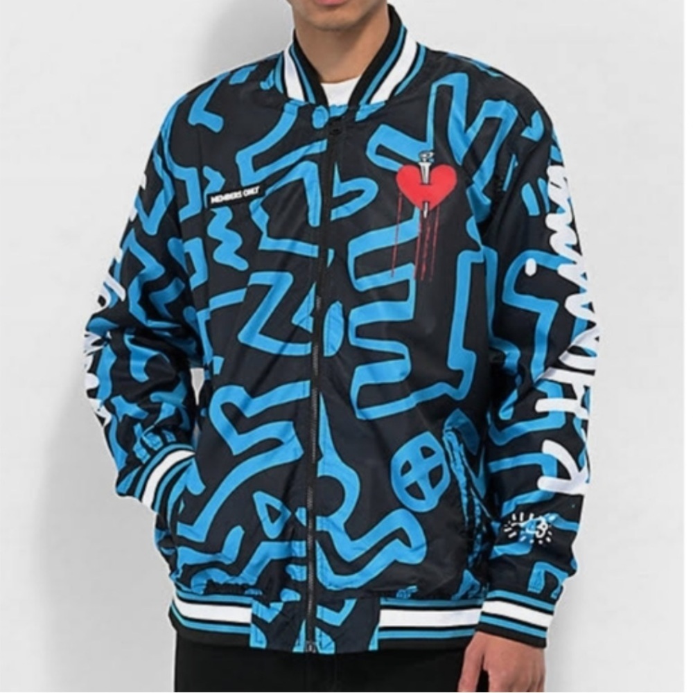 Members Only x Keith Haring Blue &  Black Patterned  Bomber Jacket sz-Large